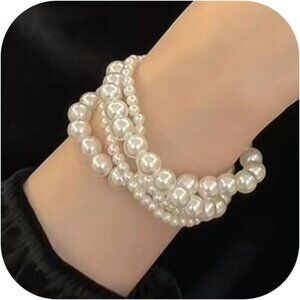 🆕 Women White Pearl Bracelet Layered Cross Fashion Simple Stylish Jewelry Gifts